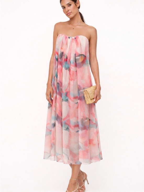 Alice + Olivia Dresses & Skirts - Alice + Olivia Silk Strapless Watercolor Midi Dress in Pink and Blue